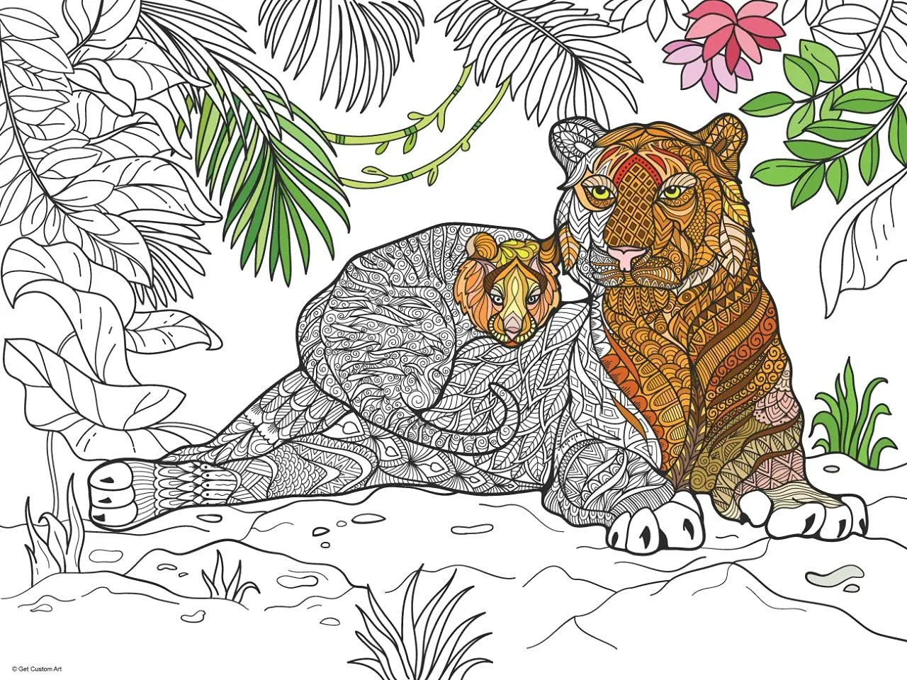 Tiger and Cub Coloring Poster – Animal Art for Kids and Adults | DIY Stress Relief Coloring Poster
