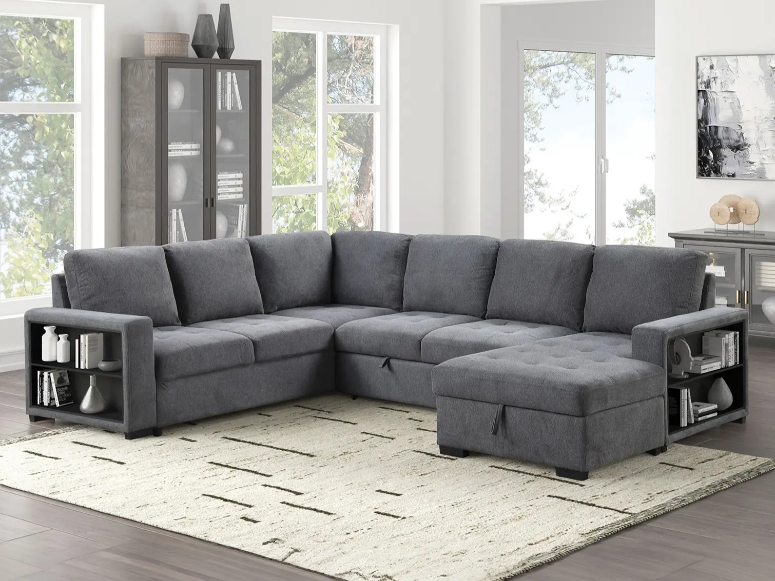 STOCKWELL Contemporary Fabric Convertible Sofabed Sectional Sofa - Fully Assembled Indoor Furniture with USB Charging Ports, Storage for Last-Minute Hosting, Durable Design