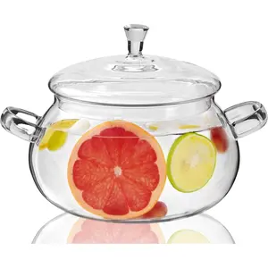 2450ML/83oz Glass Clear Saucepan with Lid, Handmade Easy Clean Heat Resistant Glass Cooking Pot for Noodles, Soup, Cereals, Fruits