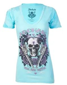 ARCHAIC Womens Queen Lover Graphic T-Shirt, Light Blue V-Neck Slim Fit Casual 100% Cotton Top Made in USA, Casual Cotton Tee, Tops
