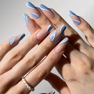 Celestial Waves Press-On Nails Soft Peach Base Ocean-Blue Chrome Shimmer Delicate Wave Accents Effortless Application Long Lasting Wear