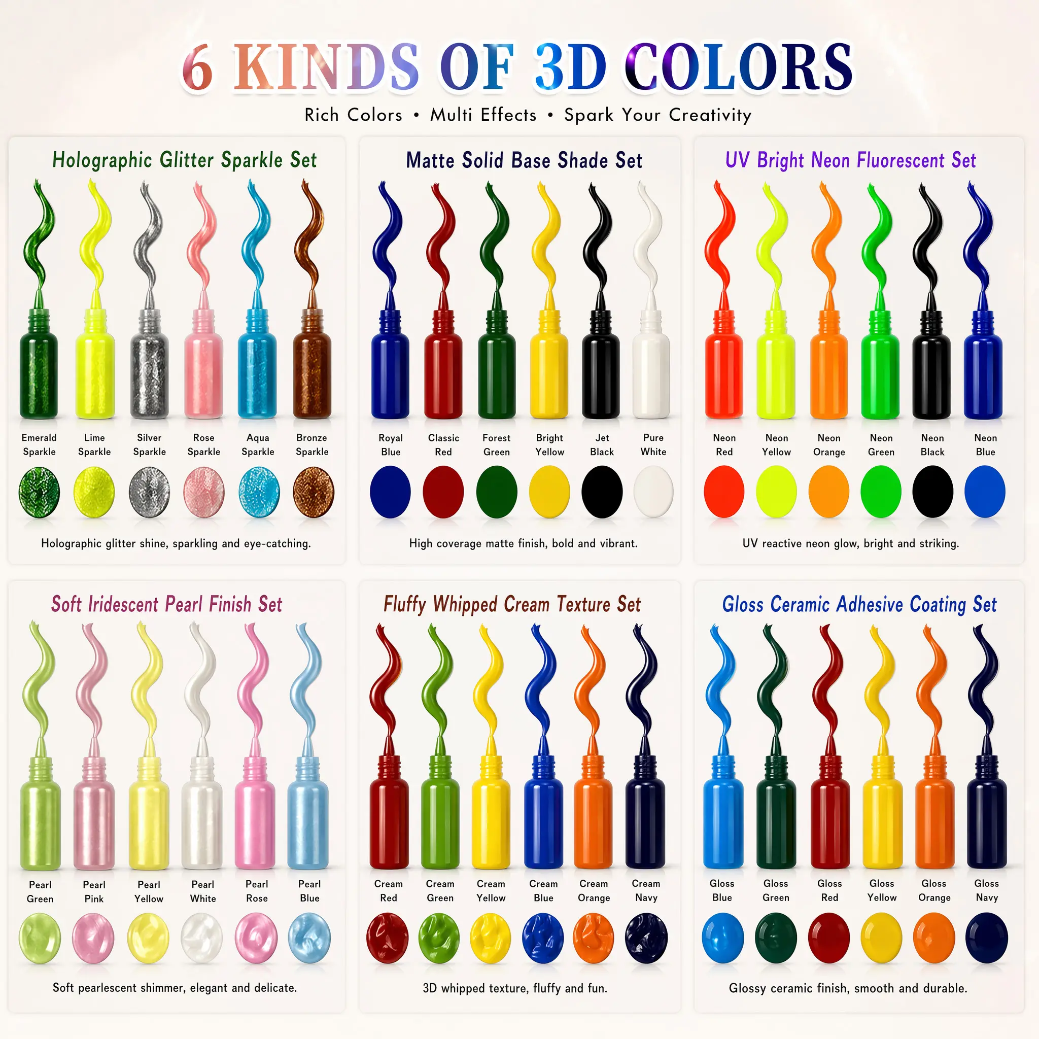 6 Different Acrylic Paint Sets, Each Bottle Contains 18ML/ 0.609 OZ; Flashy Glitter Style/ Bright Fluorescent Style/ Pearlistic Texture Style/ Fluffy Cotton Color Style/ Ceramic Glossy Style/ Ordinary Solid Color Style;