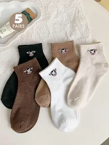 Ihaveartbyluz Artist Girlcore 5 Pairs Cartoon Cow Pattern Ankle Socks - Random Match Design