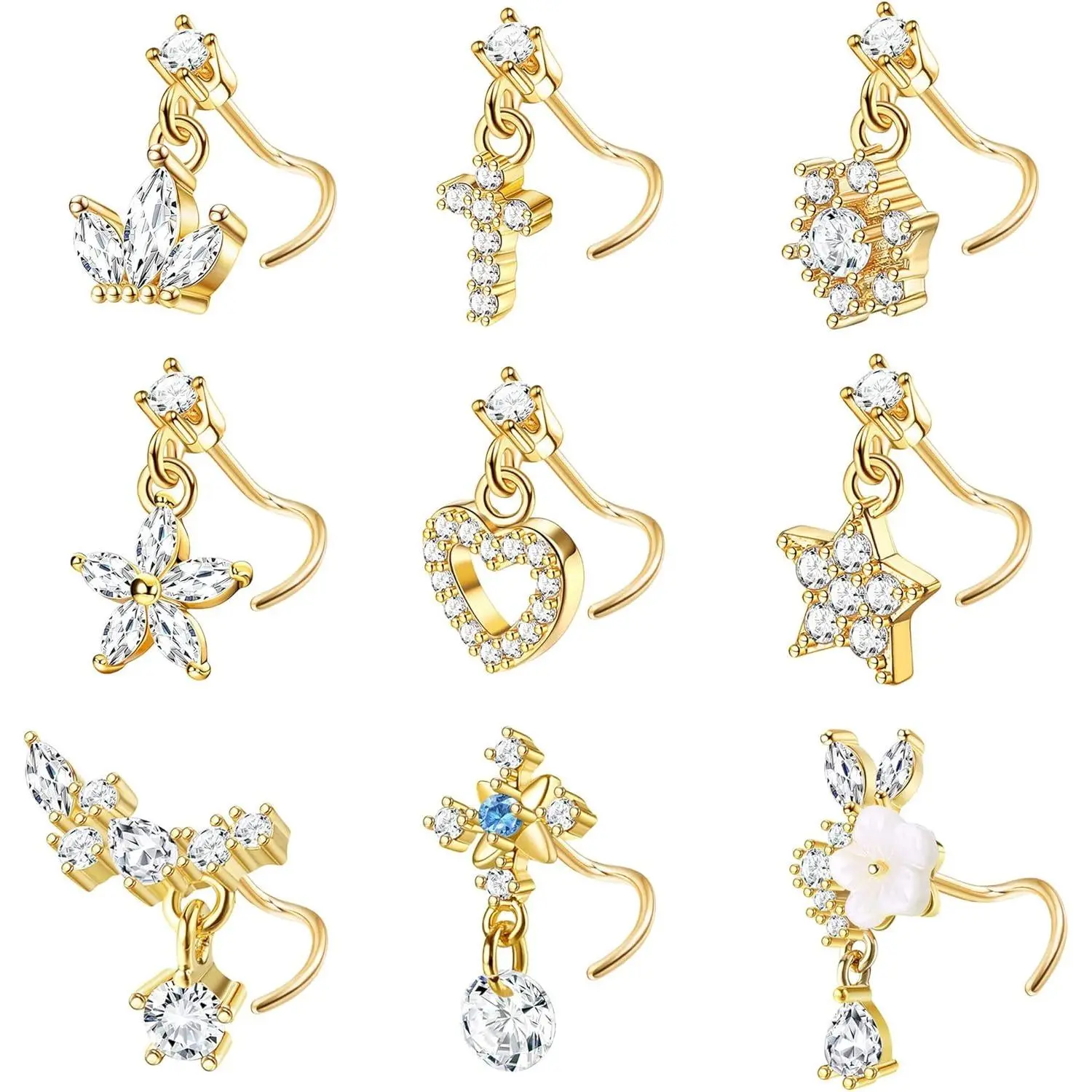 YADOCA Women's 9-Piece 20G Stainless Steel L-Shaped Dangle Nose Rings - 6mm Female Bling Effect CZ Cross, Crown, Flower, Heart Piercing Jewelry (Rose Gold), Nose Piercing, Body Jewelry Set