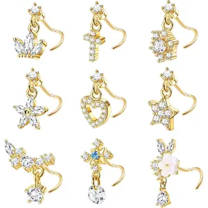 YADOCA 9 PCS Dangle Nose Rings - L Shaped for Women, 20G Stainless Steel Nose Rings Studs with CZ Cross, Crown, Flower, Heart Dangling Piercing Jewelry