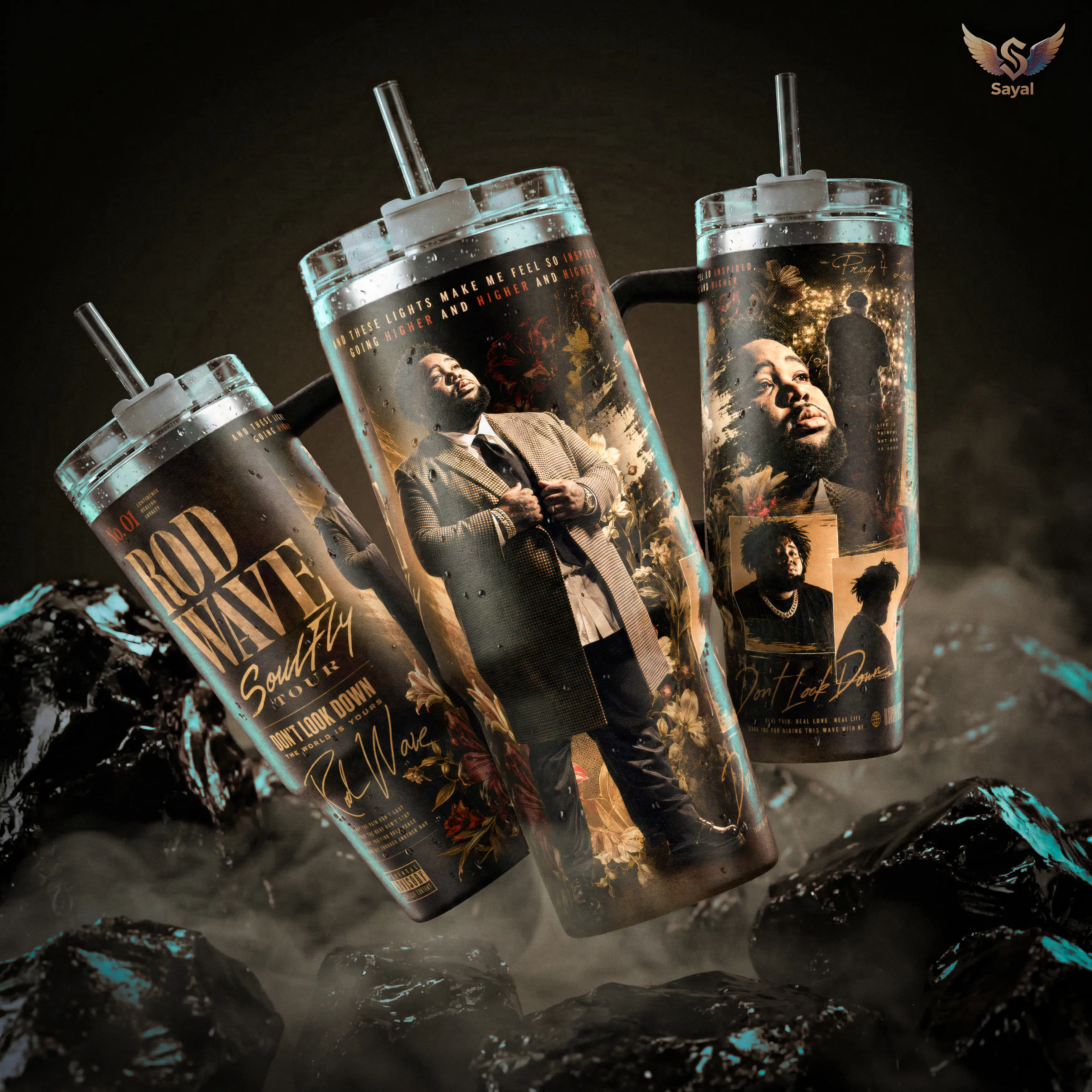 RodWave Dont Look Down Tour Tumbler 40 20 oz Insulated Stainless Steel Handle Straw Keeps Drinks Hot Cold Rap Hip Hop Merch Gift For Fans Travel Mug Vacuum Sealed Leak Proof Music Lovers Cup