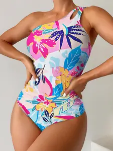 Women's Floral & Geometric Print One-piece Swimsuit, Casual Adjustable Strap High Rise Swimwear for Beach Holiday Vacation, Ladies Summer Swimsuit, Floral Print Swimsuits, Tropical Print Swimsuit