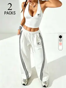 Women's Retro Two-Piece Set, Sporty Polka Dot Design, Athleisure Summer Clothes, Fitted Neckline & Wide Leg, Perfect for Daily Wear, Fitness, Parties