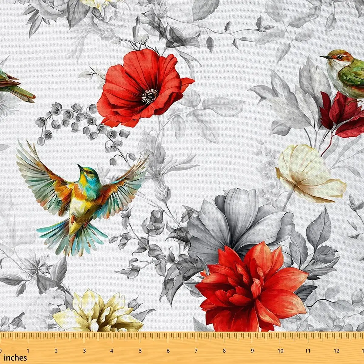 Red Poppy Fabric Ink Painting Blooming Flower Leaves No Stretch Fabric Watercolor Birds Rustic Garden View Soft Flannel Polyester Fabric DIY Projects Pre-Cut