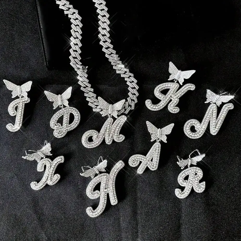 Women's Silver Cuban Chain Letter Necklace Initial Name Chain Necklace Personalized Necklace Diamond Studded Multi-Pendant Shiny Necklace Women's Hip Hop