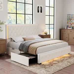 Texas King LED Bed Frame with 2 Storage Drawers, Upholstered Platform Bed with Crystal Tufted Headboard, Noise-Free, No Box Spring Needed, PU & Velvet, Black/White/Gray/Cream