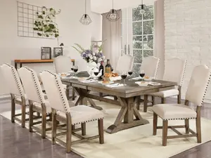 Julia Rustic 9-Piece Dining Set with Trestle Table and Nailhead Trim Upholstered Chairs – Perfect for Farmhouse Elegance