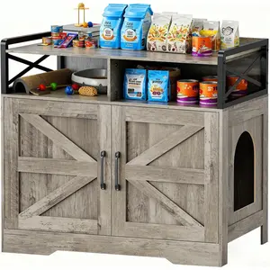 Cat Litter Box Enclosure Furniture - Hidden Litter Box Cabinet with Scratch Pad & Odor Control |   Farmhouse Style End Table for Cats |   Discreet Cat Washroom for Living Room & Bedroom Grey