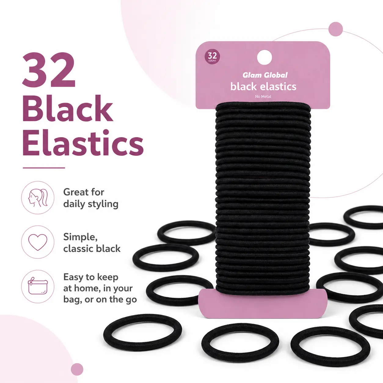 GlamGlobal Basics Unisex Nylon Hair Rubber Bands, 32-Count 4 MM Black Stretchy Elastics for Daily Styling & All Hair Types