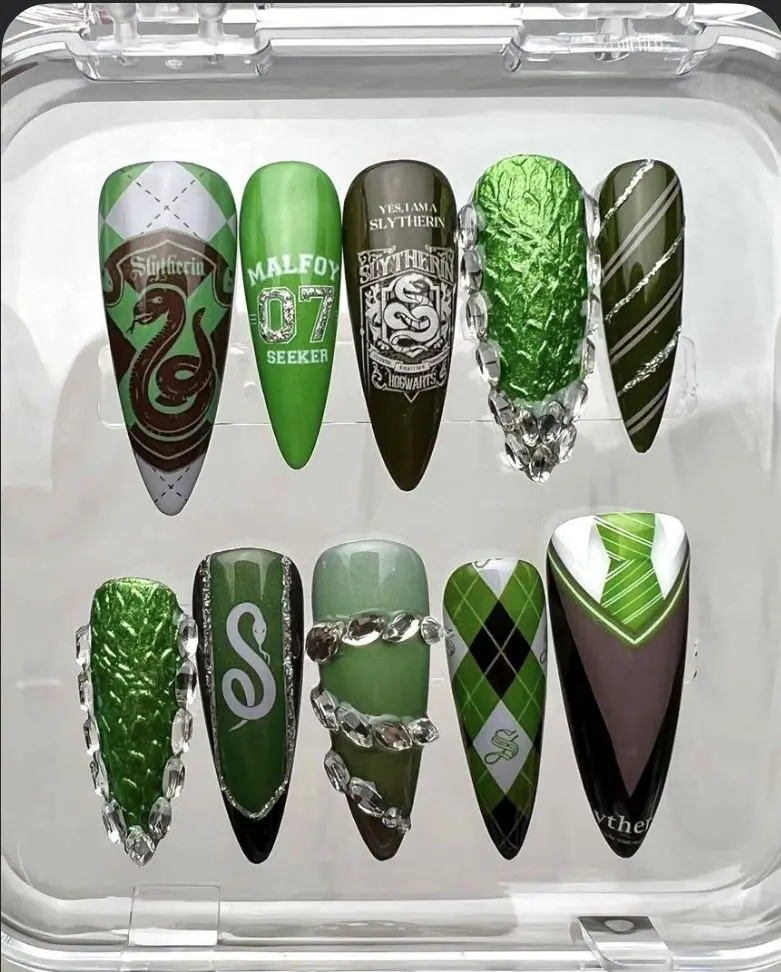 Harryn Inspired Press On Nails – Handmade Emerald Green Chrome Slytherinee Stiletto Nails with Rhinestones | Reusable Wizard-Inspired Fake Nails with Gift Set (Adhesive Tabs, Nail File, Cuticle Stick)