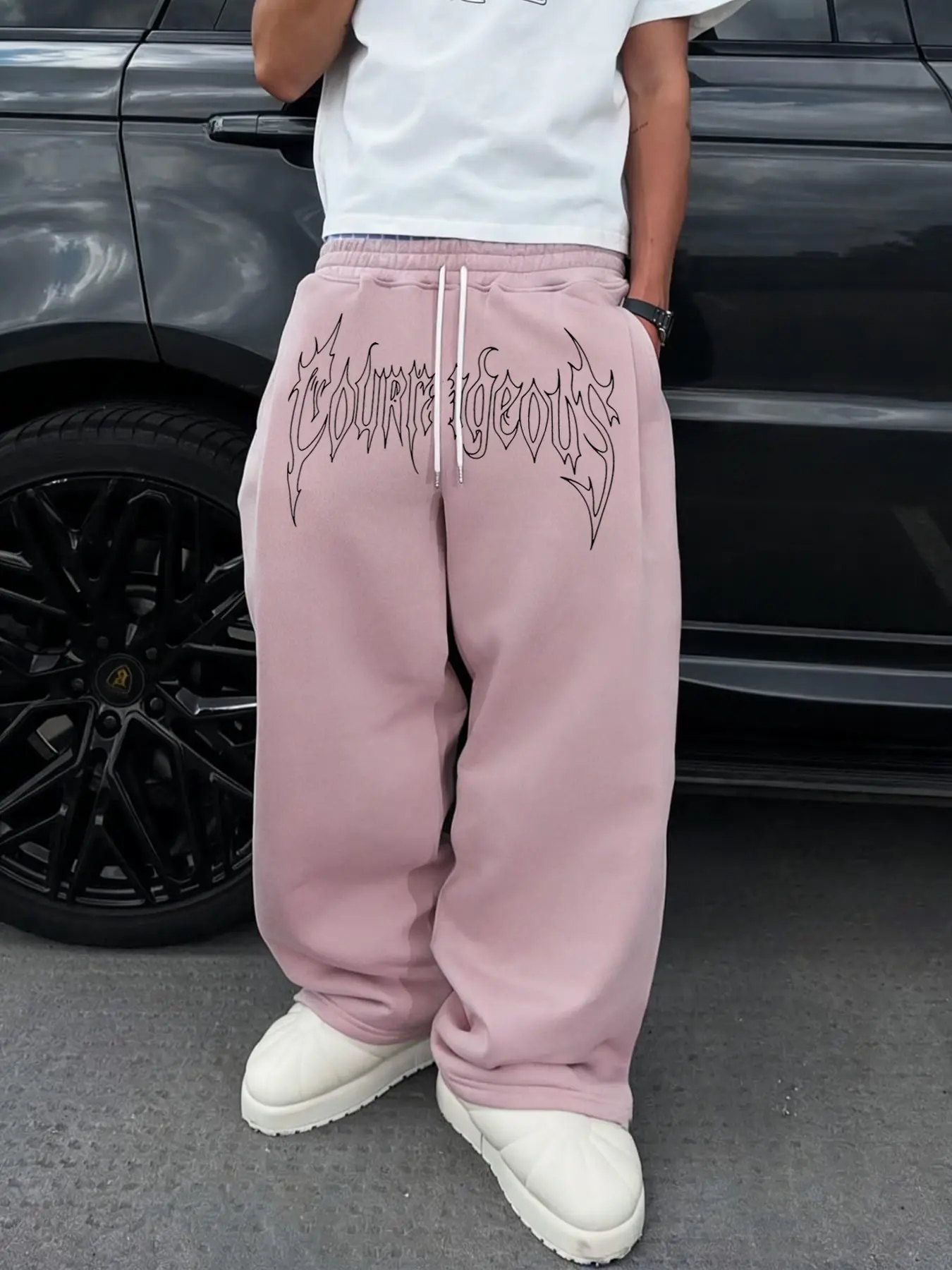 Men's Gothic Font Print Wide Leg Sweatpants, Loose Long Pants, Elastic Fabric, Drawstring Waist, Side Pockets, Streetwear, Casual, Sports Bottoms, Graphic Print Sweatpants