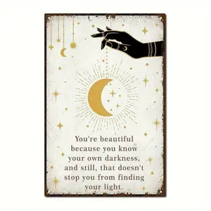 1pc Vintage-Inspired Aluminum Wall Art Plaque Aesthetic Wall Decor Serene Moon and Stars Design Inspirational Pattern Print with Inspirational Quote Durable Home Decor for Kitchen Bedroom Bar Bathroom Golden Accents Moon Decor Sun Moon Print 12x8 Inch
