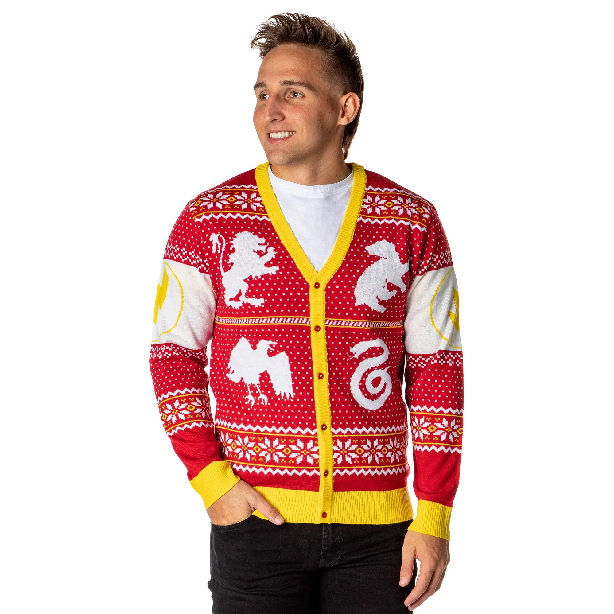Harry Potter Men's Hogwarts Houses Ugly Sweater for Christmas Knit Button-Up Cardigan, Acrylic, Garment, Menswear, Apparel, Knitwear, Classic, Tops, Animal, Pullover, Long Sleeve