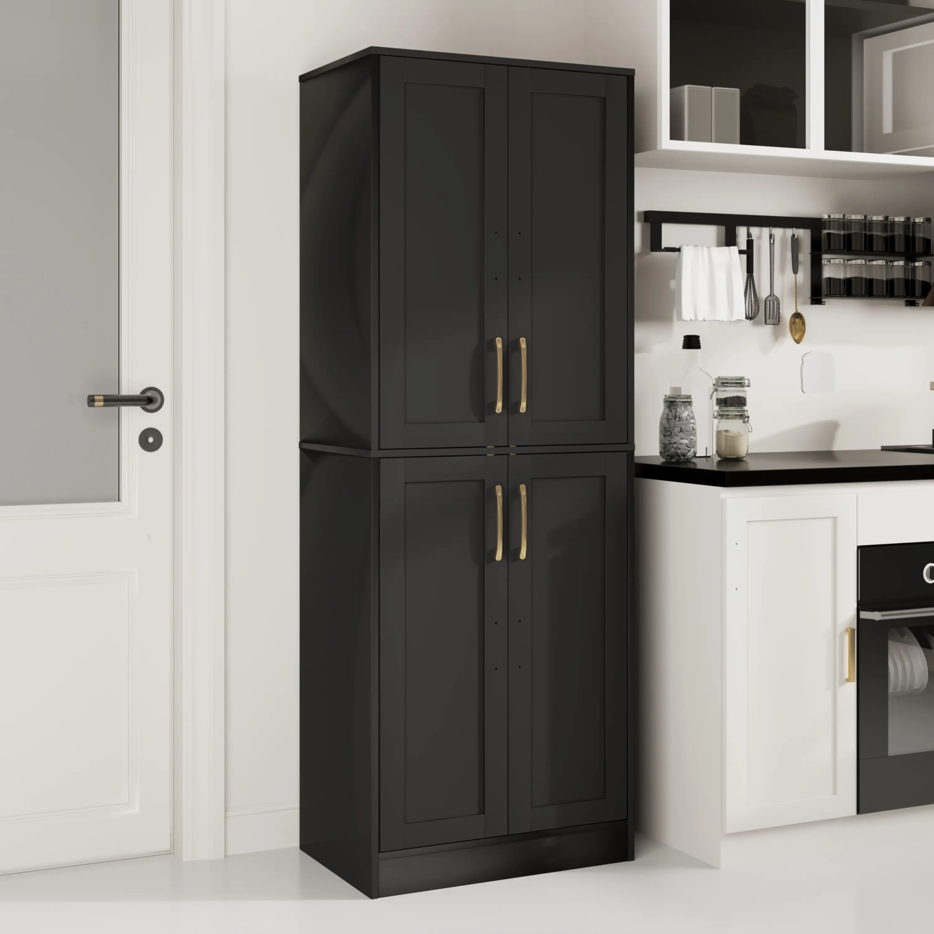 【Wooden storage cabinet】67.7" Tall Kitchen Pantry,Farmhouse Storage Cabinet with Adjustable Shelves,Farmhouse Pantry Cabinet with 4 Doors, for Kitchen,Dining Room,Living Room