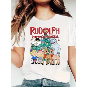 RUDOLPH Snowman Reindeer Loose Casual Summer T-Shirt, Everyday Tshirt, Holiday Apparel, Reindeer Design, Round Neck Tee, Stretchy Material, Lightweight Tee, Seasonal Top, Printed Shirt, Holiday Fashion
