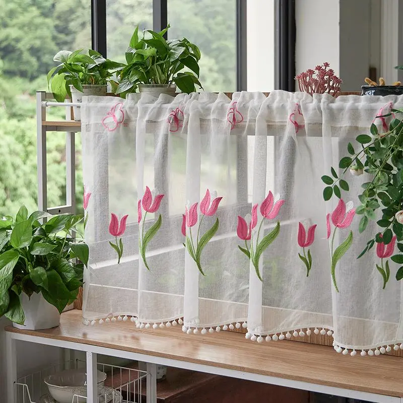 Tulip Pattern Curtain, 1 Count Short Curtain, Net Curtains Window, Window Curtain, Home Decoration Curtain, Home Decor for Living Room Bedroom, Home Decor Supplies, Window Hanging