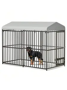 8x4x6 FT Large Outdoor Dog Kennel Galvanized Metal Cage Waterproof Roof UV Cover Lock Feeding Door