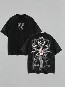 Vintage Washed Double Sided Death Note Kira Light Yagami Ryuk Shinigami Anime Graphic Tee,Oversized Dark Manga Shirt,Y2K Grunge Horror Anime Short Sleeve Unisex Relaxed Fit Stylish Streetwear