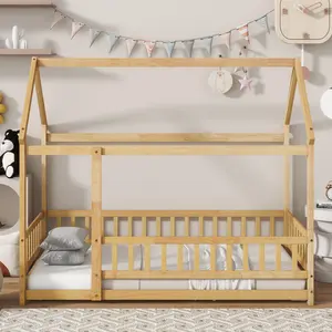 Safety-First Kids House Bed - Solid Wood Floor Bed with Guardrail Fence & Roof, Premium Rubber Wood, Natural Wood Access, Firmly Secured Structure
