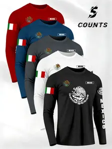 Mexican Theme Emblem Print Round Neck Long Sleeve T-Shirt Set, 5 Pieces, Sporty Attire, Athletic Style, Sporty Fitted Design, Fitted Design Activewear, All Seasons Wear, Trendy & Professional Performance