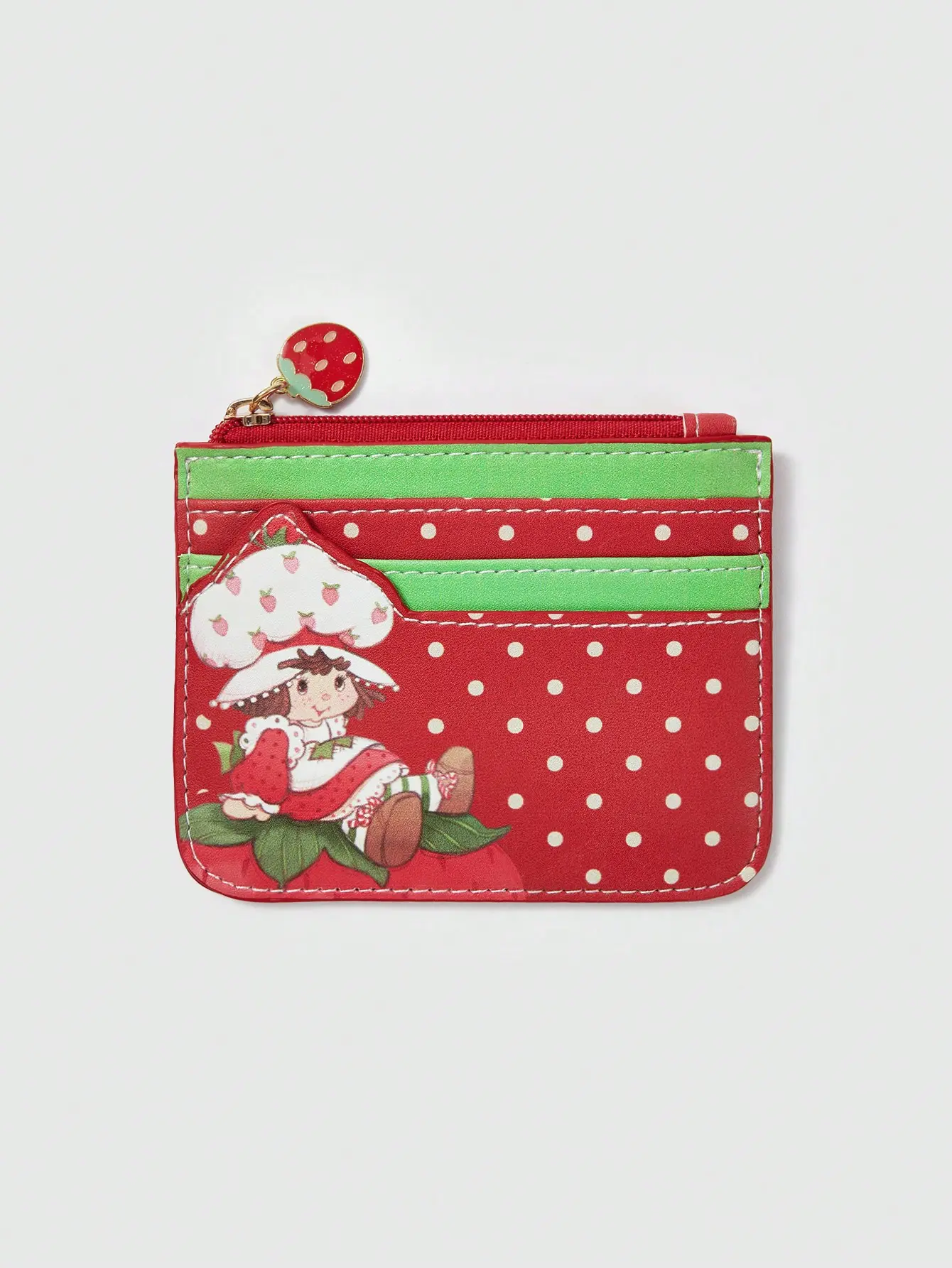 Strawberry Shortcake | ROMWE Cartoon Figure & Polka Print Cartoon Zipper Card Case With Keychain, Small Storage Pouch