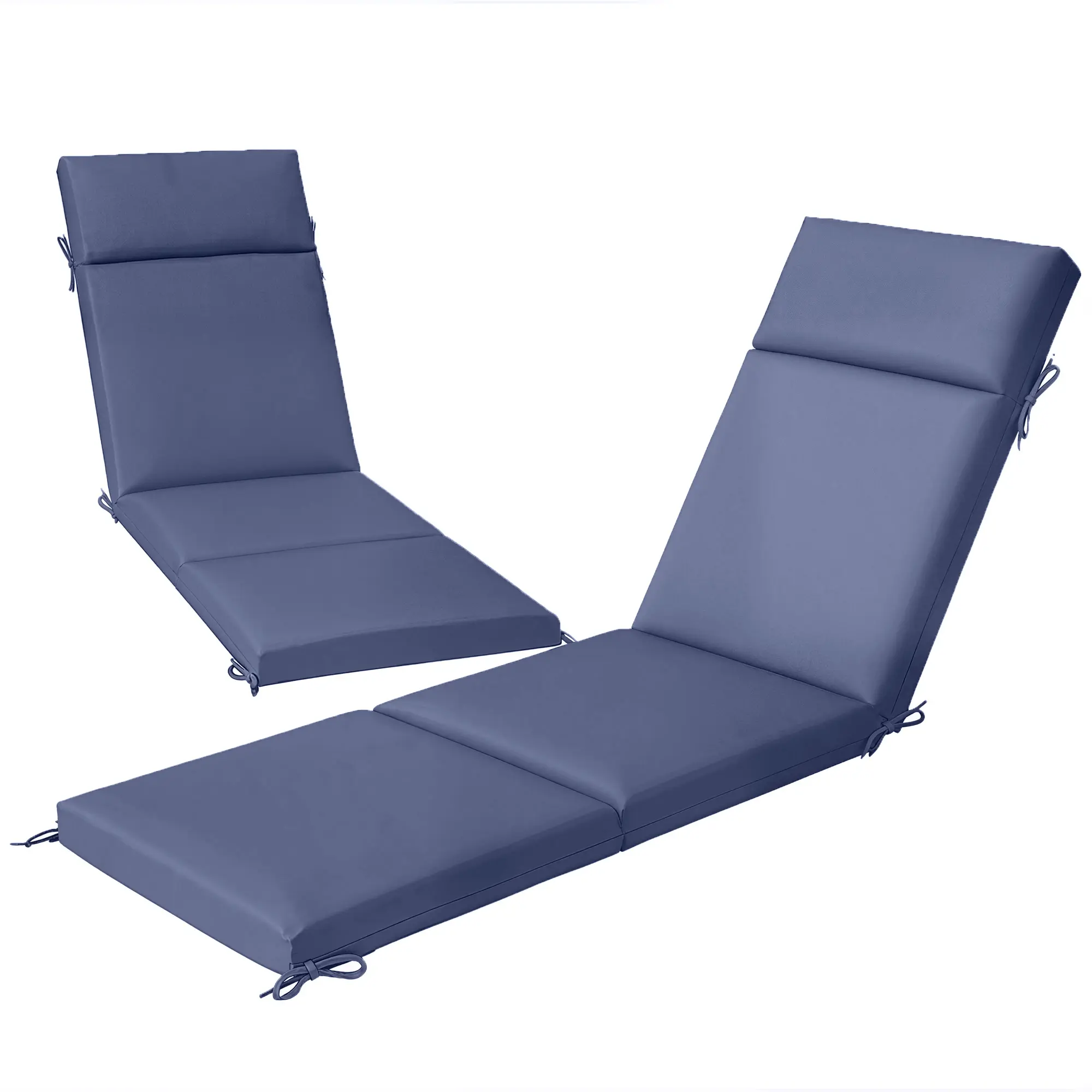 Navy Blue Outdoor Chaise Lounge Cushions Set of 2, High-Density Foam Patio & Poolside Outdoor Pads with 6 Ties