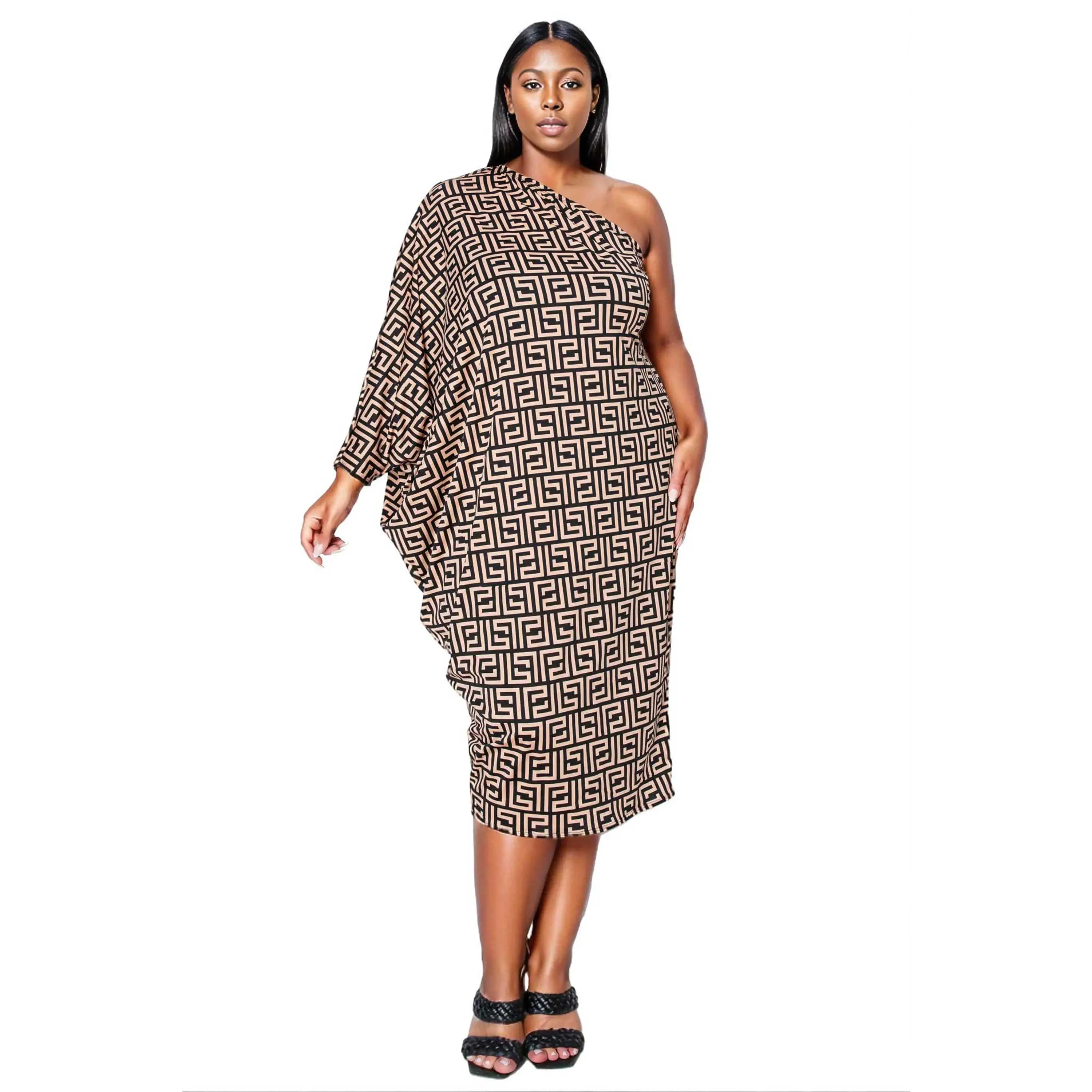 Plus Size L I V D Persephone Asymmetrical Midi Dress in Black & Taupe Greek Key Print for Summer Events Classic Heritage Style