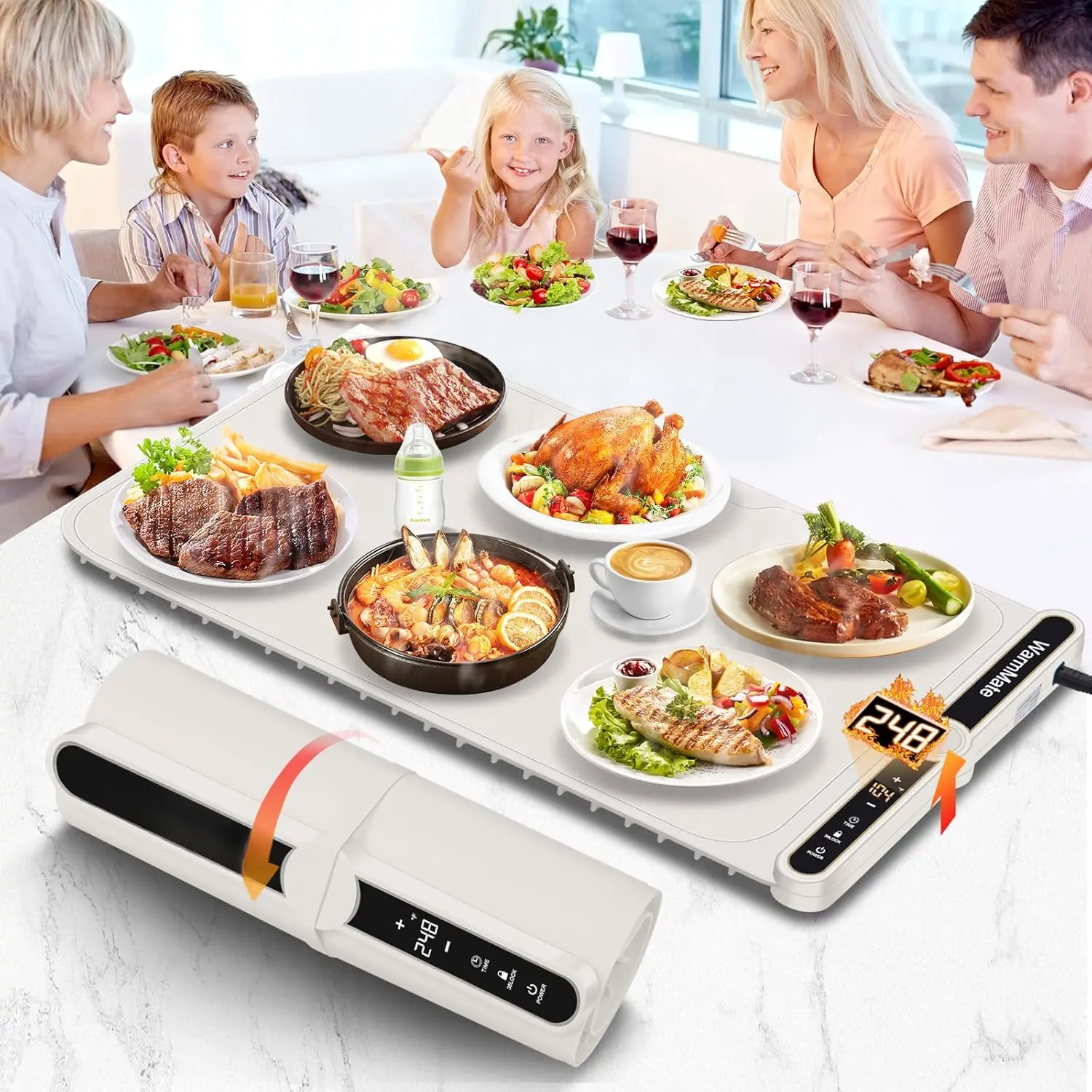 Warming Mat,Electric Warming Tray with 9-Level Temperature Precision Control, 6H Timer,8s Full Surface Rapid Heating, Ideal for Buffets, Parties & Gatherings (Roll-Up Design,Beige)