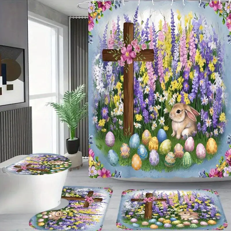 Easter Bunny & Cross Pattern Bathroom Set, 4 Counts/set Including Shower Curtain & Toilet Lid Cover & U-shaped Mat & Bath Mat with 12 Hooks, Bathroom Decor