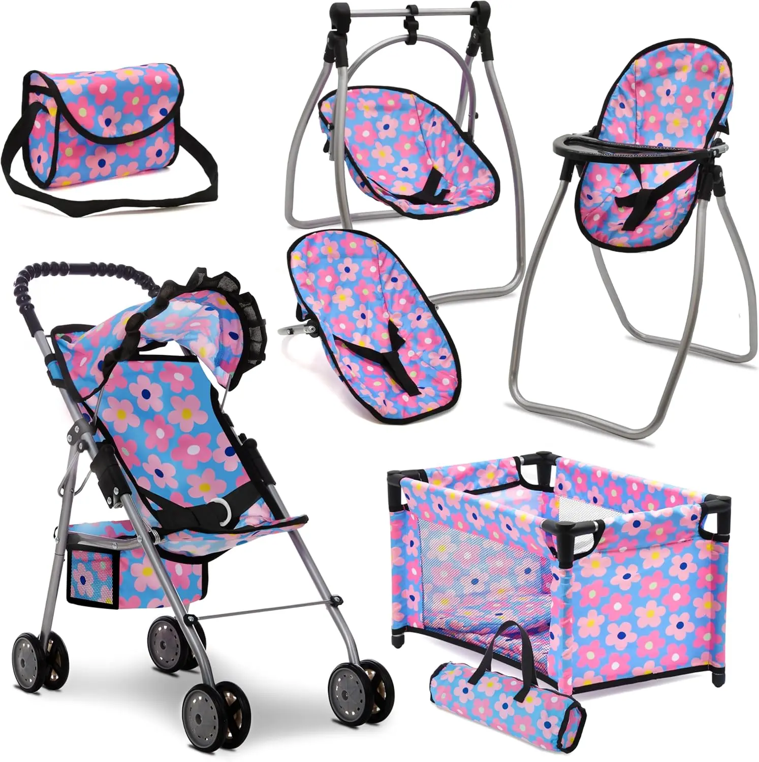 Baby Doll Stroller Bed and Swing Nursery Playset – Deluxe Baby Doll Accessories Furniture Set with Convertible High Chair, Swing, Crib, Diaper Bag & Stroller – Blue Floral Pretend Play Set for Girls Ages 3+