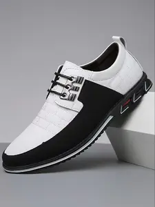 Men's Flat Business Casual Shoes, PU Leather, PVC Sole, Checked Pattern, Less Than Ankle Height, Narrow Fit, All Seasons