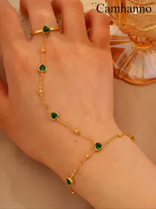 Elegant Heart-Shaped Diamond Studded Finger Chain, Stainless Steel Jewelry for Men & Women, Perfect Gift for Daily Wear & Vacation