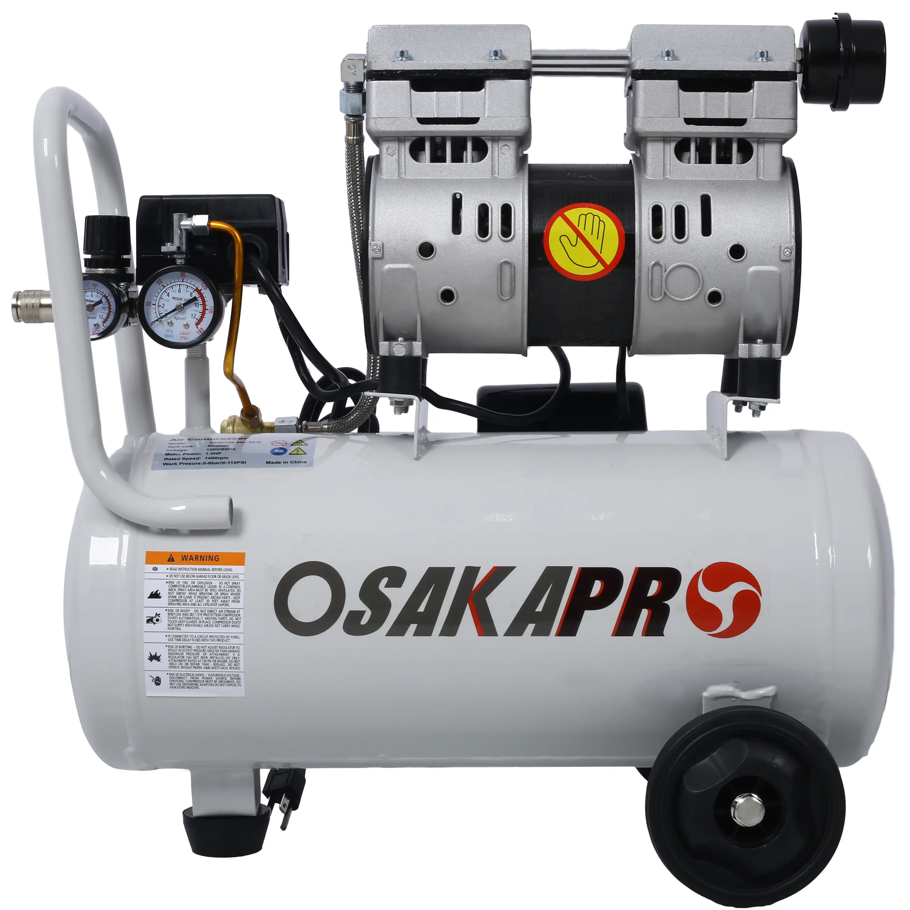 1.5HP Aluminum Oil-Free Silent Air Compressor with Wheels, 8 Gal Electric Portable Shop Compressor, Lightweight Light Gray Design, 70 dBA Noise Level, Automatic Drain Valve, Silent Mode