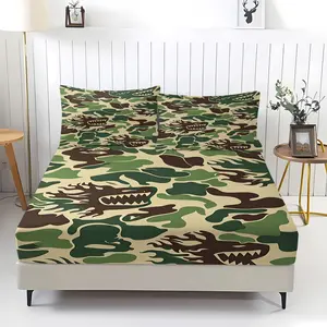 3Pcs Camouflage Shark Mouth Print Fitted Sheet Set, Military Green Camouflage Bedding Set, Teen Bedroom Decor Bedding, Microfiber Irregular Geometric Pattern Bedspread.