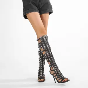 Women’s Knee High Gladiator Sandals Open Toe Stiletto High Heels Strappy Cutout Cage Sandal Boots Metal Grommet Back Zipper Party Club Night Out Summer Fashion Shoes