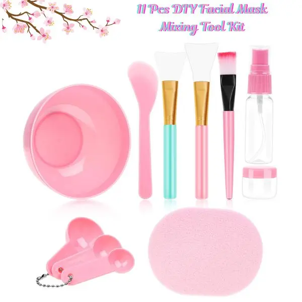 11 Pcs DIY Facial Mask Mixing Tool Kit – Bowl, Spatula, Silicone Brush, Spray & Soaking Bottles, Puff & Measuring Gauges for Skincare, Beauty, Face Spa & Home Treatments