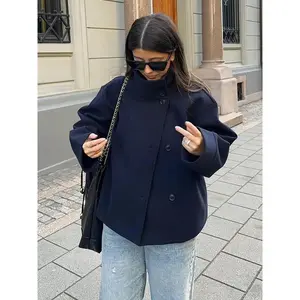 Women’s casual and elegant stand-up collar short jacket — navy blue herringbone diagonal button-front lightweight warm jacket, suitable as a women’s top for autumn and winter