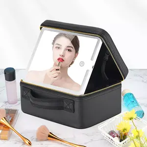 Smart LED Cosmetic Case with Mirror Large Capacity Makeup Organizer for Travel Daily Use Premium PU Material Adjustable Dividers Portable Durable