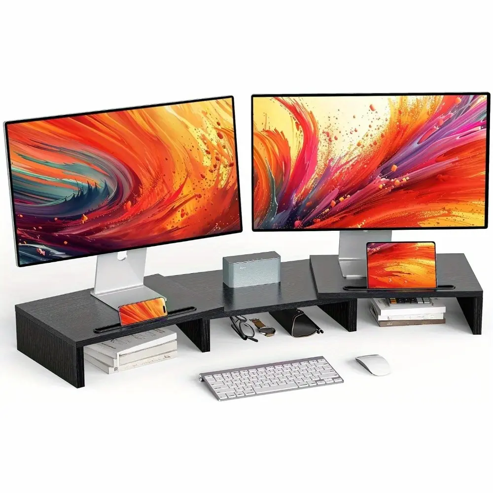 Dual Monitor Stand for Desk, Monitor Stand with 2 Slots for Phone and Tablet, Dual Monitor Riser with Length and Angle Adjustable, Computer Stand for Monitor, Laptop, Tablet (Black)