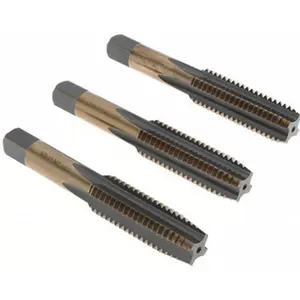 Precise 3-Piece High Speed Steel Tap Set, 5/8-11 UNC, 4-Flute, Bottoming & Taper Plugs, Gold & Oxide Finish, 3-13/16" OAL, Model BDNA-20690