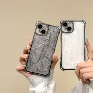 Silver Plated Four-Corner Shockproof Phone Case for iPhone 17 Pro Max 16 15 Pro Max 14 Plus 13 12, Minimalist Pearlescent White & Cement Gray Silicone Cover, Trendy Luxury for Women