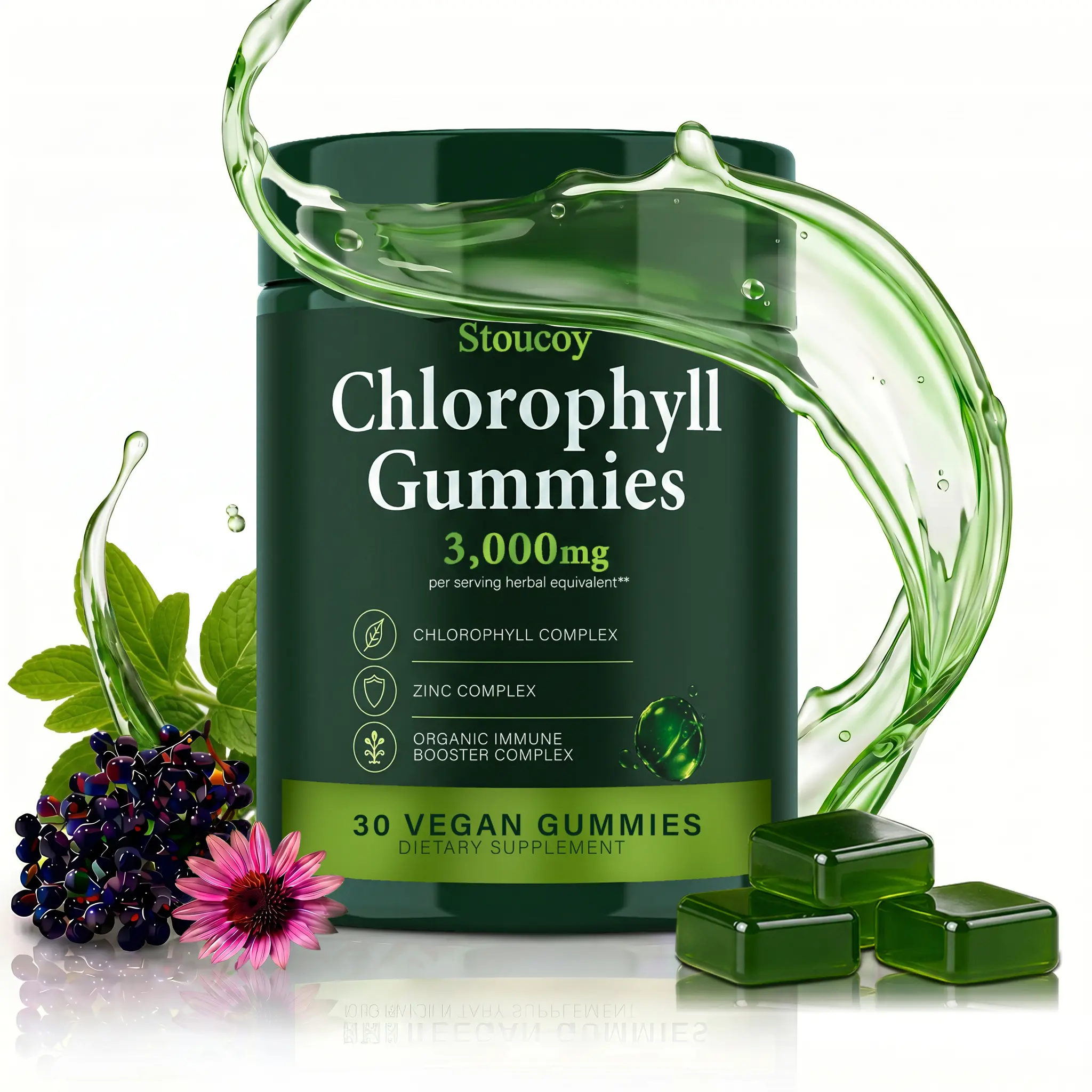 Stoucoy Chlorophyll Gummies - 30 Chews - Vegan, Non-GMO & Gluten-Free Formula - Natural Green Apple Flavor with a Hint of Mint