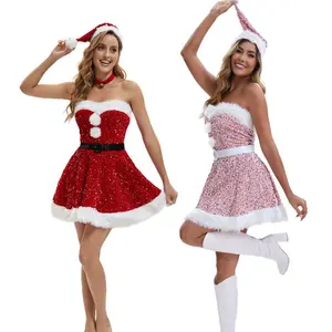 Christmas Costume Sexy Santa Dress Women Sparkling Strapless Mini Dress Red Sequin Mrs. Claus Outfit Festive Holiday Party Suit