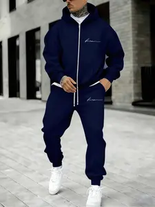 Autumn Winter Casual Zip Hoodie Set, Comfortable Trendy Print Hooded Sweatshirt with Loose Sport Pants, Perfect Gift for Couples, Streetwear Tracksuit Set, Athleisure Tracksuit Outfit
