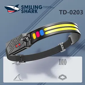 【TD-0203】Smiling Shark multifunctional headlamp, made of ABS and silicone materials, featuring a built-in 1200mAh battery and multiple light colors to meet various lighting needs.